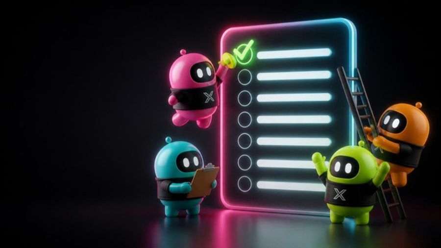 Bots in X tees working through a neon checklist