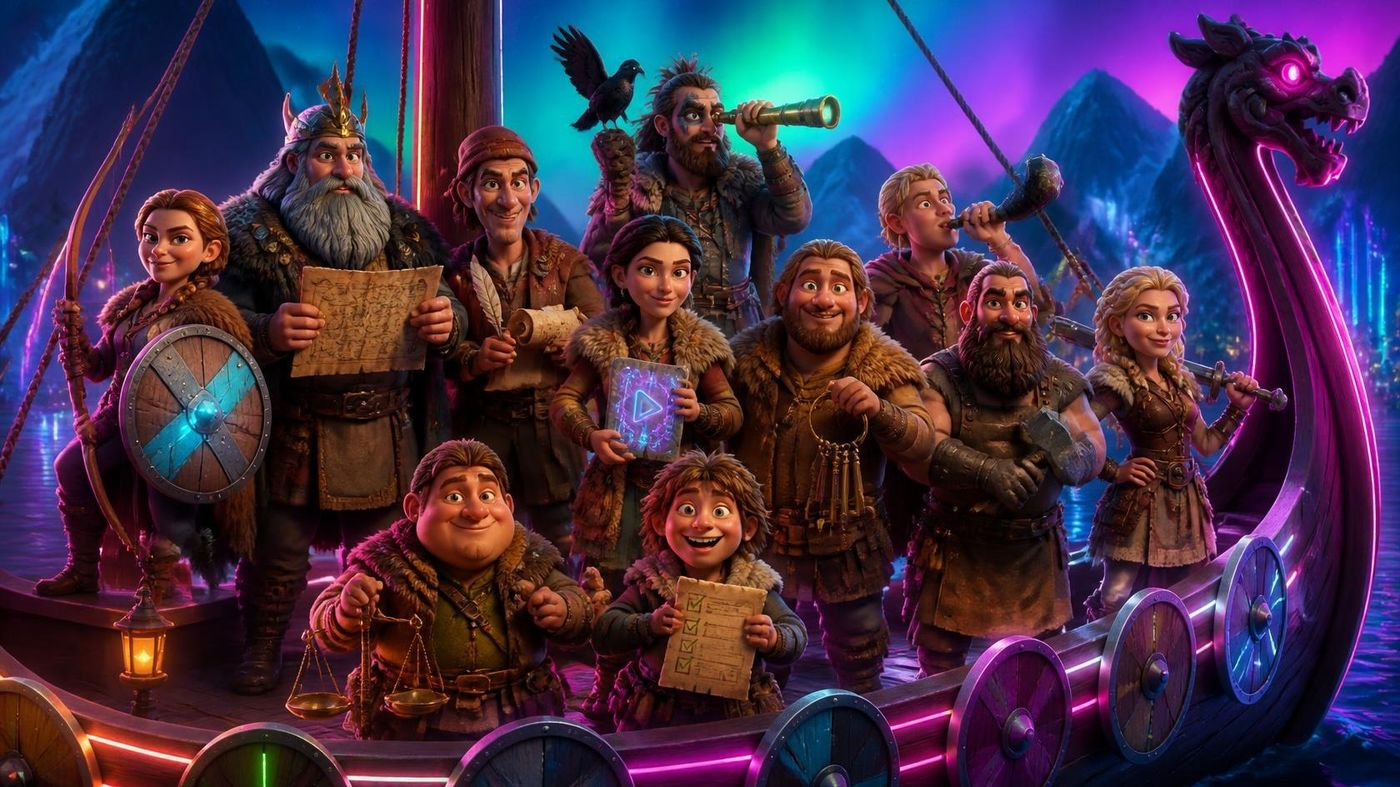 The full crew of cartoon Viking agents on a neon-lit longship