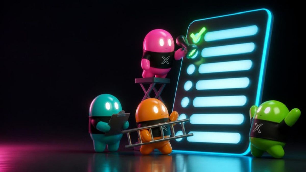 Four small bots in X tees ticking off a glowing neon checklist